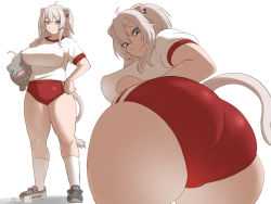  1girl ahoge alternate_costume animal_ears ass ass_focus blue_eyes breasts buruma covered_erect_nipples curvy doomcomic gym_uniform hair_between_eyes hand_on_own_hip highres hololive huge_ass large_breasts lion_ears lion_girl lion_tail long_hair penguindou shishiro_botan shoes silver_hair simple_background smile sneakers socks solo tail thick_thighs thighs virtual_youtuber white_background wide_hips 