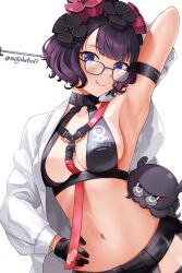  1girl :q armpits bikini black-framed_eyewear black_bikini black_gloves black_hair blue_eyes coat fate/grand_order fate_(series) glasses gloves hair_ornament hand_on_own_hip highres holding holding_pointer katsushika_hokusai_(9th_anniversary)_(fate) katsushika_hokusai_(fate) lab_coat long_sleeves looking_at_viewer motokebo17 navel octopus official_alternate_costume open_clothes open_coat pointer short_hair simple_background smile solo stomach swimsuit tokitarou_(fate) tongue tongue_out twitter_username white_background white_coat 