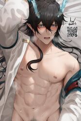  1boy abs absurdres aqua_eyes asa_ifrit_(asaifrit) black_hair chinese_clothes dan_heng_(honkai:_star_rail) dan_heng_(imbibitor_lunae)_(honkai:_star_rail) dragon_boy dragon_horns earrings eyeliner hair_between_eyes highres honkai:_star_rail honkai_(series) horns jewelry long_hair long_sleeves makeup male_focus muscular muscular_male navel nipples open_mouth pointy_ears pubic_hair qr_code red_eyeliner shirt solo stomach white_shirt 