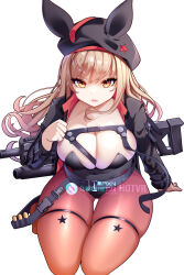  1girl animal_ears beret black_hat black_jacket black_leotard breasts brown_hair cleavage commentary covered_navel english_commentary goddess_of_victory:_nikke gun hat highres hot_vr jacket large_breasts leotard long_hair long_sleeves looking_at_viewer orange_eyes pantyhose pixiv_username playboy_bunny rabbit_ears rapi_(nikke) red_pantyhose simple_background sitting solo subscribestar_username wariza weapon white_background 
