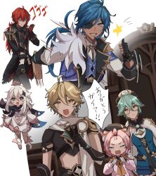  3boys 3girls 403pa aether_(genshin_impact) ahoge animal_ears antenna_hair aqua_hair arm_armor armor black_gloves black_hat black_jacket black_necktie black_pants black_scarf black_shirt blonde_hair blue_eyes blue_gemstone blue_hair blue_vest boots brown-framed_eyewear cape card cat_ears cat_girl clenched_hands closed_eyes closed_mouth collared_shirt constellation_print crystal_hair_ornament dark-skinned_male dark_skin diluc_(genshin_impact) diona_(genshin_impact) door dress earrings eyepatch fang fingerless_gloves floral_print flying formal fur_trim gem genshin_impact glasses gloves grey_hair grey_shirt hair_between_eyes hair_ornament halo hands_up hat highres holding holding_card jacket jewelry kaeya_(genshin_impact) lapels long_hair long_sleeves looking_at_another mechanical_halo menacing_(jojo) multiple_boys multiple_girls necktie no_eyes open_clothes open_jacket open_mouth open_vest orange_cape orange_eyes paimon_(genshin_impact) pants pink_dress pink_hair ponytail puffy_long_sleeves puffy_sleeves purple_eyes red_gemstone red_hair romper running scarf semi-rimless_eyewear shaded_face shirt short_hair short_sleeves shoulder_armor simple_background single_earring smile speech_bubble standing star_(symbol) sucrose_(genshin_impact) suit sweatdrop tassel teeth thumbs_up topknot v-shaped_eyebrows vest vision_(genshin_impact) white_background white_footwear white_hat white_romper white_scarf white_shirt white_vest yellow_eyes 