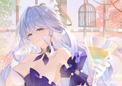  1girl bare_shoulders birdcage blue_eyes breasts cage chain cleavage cocktail_glass commentary cup detached_sleeves devihendita dress drinking_glass gloves grey_hair hair_intakes highres holding holding_cup honkai:_star_rail honkai_(series) large_breasts long_hair looking_at_viewer robin_(honkai:_star_rail) short_sleeves smile solo strapless strapless_dress upper_body very_long_hair white_gloves 