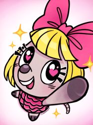  1girl animal_crossing bow cuteosphere dress hair_bow heart heart-shaped_pupils looking_at_viewer looking_up nintendo open_mouth penelope_(animal_crossing) pink_background pink_bow pink_dress reaching_up symbol-shaped_pupils 