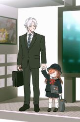  1boy 1girl =_= ad aged_down arm_at_side arm_up bag black_footwear black_hat black_jacket black_pants black_skirt black_suit blue_necktie bow bowtie briefcase brown_eyes child chinese_commentary closed_eyes collared_shirt commentary_request day father_and_daughter final_fantasy final_fantasy_xiv formal full_body g&#039;raha_tia hair_ribbon hat height_difference highres holding holding_bag holding_briefcase holding_hands hyur jacket kindergarten_uniform kneehighs loafers long_hair long_sleeves neck_tattoo necktie open_mouth orange_hair outdoors pants red_bow red_bowtie ribbon ryne_waters school_bag school_hat shirt shoes short_hair skirt smile socks standing suit swept_bangs tattoo thancred_waters white_hair white_shirt white_socks wuliu_heihuo 