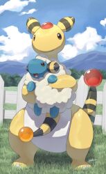  ampharos brown_eyes carrying closed_mouth cloud commentary_request creatures_(company) day fence game_freak gen_2_pokemon grass highres makoto_ikemu mareep mountain nintendo open_mouth outdoors pokemon pokemon_(creature) signature sky smile standing  rating:General score:2 user:danbooru