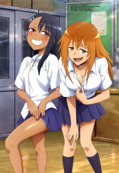  2girls absurdres bare_legs bent_over black_hair blouse blue_skirt breasts brown_eyes classroom cleavage clothes_lift dark-skinned_female dark_skin earclip fang female_focus gamou_maki grin hair_ornament hairclip highres ijiranaide_nagatoro-san large_breasts long_hair looking_at_viewer matching_hair/eyes multiple_girls nagatoro_hayase nail_polish naughty_face official_art open_clothes open_shirt orange_eyes orange_hair pulled_up_dress red_nails school_uniform shiny_skin shirt skirt small_breasts smile tan touching_leg unbuttoned unbuttoned_shirt white_shirt  rating:Sensitive score:140 user:spiderfan