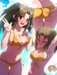  1girl adjusting_clothes adjusting_swimsuit alternate_costume armpits ass bikini blue_sky blush breasts brown_hair chibi cleavage closed_eyes closed_mouth cloud commentary_request fang flying_sweatdrops gluteal_fold hand_on_own_chest highleg highleg_bikini highres medium_breasts melty_blood navel outdoors parted_bangs red_eyes shousumi_(ljayxh) sky smile solo stomach sweat swimsuit tsukihime twitter_username two_side_up v yellow_bikini yumizuka_satsuki 