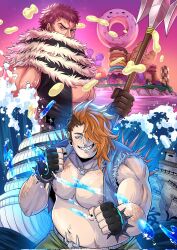  2boys bare_pectorals belly borrowed_character charlotte_katakuri clenched_hands cowboy_shot fat fat_man fighting_stance fish_boy grin hair_over_one_eye highres holding_trident large_pectorals looking_at_viewer male_focus maren_(mewtides) multiple_boys muscular muscular_male navel navel_hair nipples one_piece pectorals pink_hair satsu_(satsscarlet) scarf scarf_over_mouth second-party_source sharp_teeth short_hair smile spikes standing stomach teeth thick_arm_hair  rating:Sensitive score:1 user:danbooru