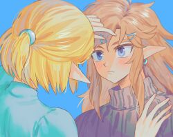  1boy 1girl adjusting_another&#039;s_hair alternate_hairstyle blonde_hair blue_background blue_eyes blue_sweater commentary contemporary ear_piercing grey_sweater hair_ornament hairclip hairstyle_switch highres link long_hair looking_at_another medium_hair nintendo piercing pointy_ears princess_zelda simple_background sweater the_legend_of_zelda the_legend_of_zelda:_tears_of_the_kingdom tk_12 turtleneck turtleneck_sweater 