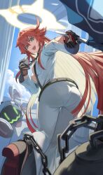 1girl absurdres ass blonde_hair blurry blurry_foreground bodysuit breasts broken_halo candy chain cleavage flag food from_behind glowing green_eyes guilty_gear guilty_gear_strive halo heart highres holding holding_candy holding_flag holding_food holding_lollipop holding_shield holding_whistle jack-o&#039;_valentine lollipop long_hair looking_back medium_breasts multicolored_hair red_hair sach560070 shield two-tone_hair whistle white_bodysuit yellow_halo 