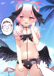  1boy 1girl doodle_sensei_(blue_archive) bikini black_bikini black_wings blue_archive blush collarbone commentary_request cowboy_shot day feathered_wings flat_chest floral_print gluteal_fold hair_between_eyes halo head_wings hetero highres koharu_(blue_archive) loli long_hair low_twintails male_hand navel official_alternate_costume open_mouth outdoors palm_leaf parasol partial_commentary pink_eyes pink_hair pink_halo pov pov_hands print_bikini sensei_(blue_archive) solo_focus standing swimsuit taku_michi twintails umbrella wings 