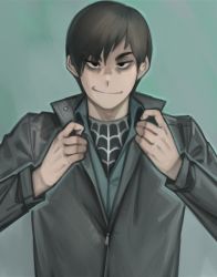  1boy alternate_hairstyle animification black_bodysuit black_eyes black_hair black_jacket bodysuit bully_maguire_(meme) commentary dark_persona english_commentary evil_smile green_shirt highres jacket kelvin_hiu male_focus marvel meme official_alternate_costume peter_parker shaded_face shirt silk simple_background smile solo spider-man_(series) spider-man_3 spider_web spider_web_print superhero_costume tobey_maguire transformation upper_body zipper zipper_pull_tab 