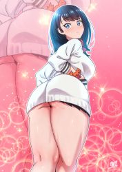 10s 1girl artist_name ass black_hair blue_eyes blush breasts cardigan closed_mouth commentary_request dated from_behind gridman_universe highres jacket k.ty_(amejin) long_hair long_sleeves looking_at_viewer looking_back medium_breasts school_uniform shiny_skin shirt skirt solo ssss.gridman standing takarada_rikka thick_thighs thighs white_shirt zoom_layer rating:Sensitive score:92 user:danbooru