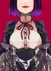 10s 1girl cover cover_page gloves kantai_collection open_mouth purple_hair school_uniform short_hair smile solo solopipb suggestive_fluid tatsuta_(kancolle) rating:Questionable score:36 user:danbooru