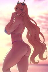  1girl ass backlighting bare_shoulders barghest_(fate) barghest_(swimsuit_archer)_(fate) beach bikini blonde_hair blush breasts cleavage closed_mouth fate/grand_order fate_(series) gradient_sky green_eyes highres horns large_breasts long_hair looking_at_viewer looking_back lvl_(sentrythe2310) multicolored_bikini multicolored_clothes orange_sky sky smile solo sunset swimsuit thick_thighs thighs toned twilight wet white_bikini  rating:Sensitive score:96 user:danbooru