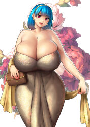  1girl absurdres bag blue_eyes blunt_bangs blush bob_cut breasts bursting_breasts cleavage cowboy_shot curvy dongtan_dress dress earrings erkaz floral_background hairband handbag highres huge_breasts jewelry meme_attire nail_polish necklace open_mouth original red_eyes red_nails rina_atherina shiny_clothes shiny_skin short_hair skindentation smile solo standing thick_thighs thighs veins veiny_breasts white_background wide_hips 