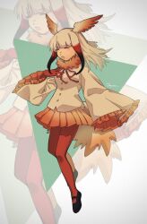  1girl bird_tail black_footwear blunt_bangs breasts closed_eyes commentary_request frilled_sleeves frills full_body fur_collar gloves hand_up head_wings highres japanese_crested_ibis_(kemono_friends) jmeysan kemono_friends long_hair long_sleeves medium_breasts multicolored_hair open_mouth pantyhose pleated_skirt red_gloves red_hair red_pantyhose shoes sidelocks skirt solo standing tail triangle white_hair wide_sleeves wings zoom_layer 
