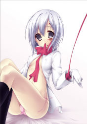  1girl allen_walker breasts covered_erect_nipples d.gray-man female_focus gender_request genderswap gloves gradient_background legs_up mouth_hold nipples open_clothes open_shirt panties purple_eyes ribbon sagami_rin shirt short_hair side-tie_panties silver_hair sitting solo underwear white_background  rating:Questionable score:23 user:Enne