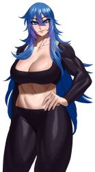  1girl absurdres black_pants black_shirt blue_eyes blue_hair breasts cleavage crop_top freckles hand_on_own_hip highres large_breasts long_hair long_sleeves looking_at_viewer midriff navel original pants shirt simple_background smile solo sotcho white_background 