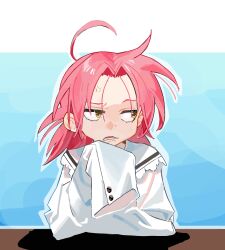  1girl ahoge angry averting_eyes highres kogami_akira long_sleeves lucky_star open_mouth oversized_clothes pink_hair shirt short_hair sleeves_past_fingers sleeves_past_wrists solo white_shirt yellow_eyes 