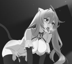  1girl all_fours ass bare_shoulders braid breasts cleavage collar condom cone_hair_bun crawling double_bun fake_tail genshin_impact greyscale hair_bun hair_ears heart heart-shaped_pupils highres implied_anal keqing_(genshin_impact) large_breasts long_hair monochrome nipples open_mouth pixxel purple_hair pussy pussy_juice solo swept_bangs symbol-shaped_pupils tail thighhighs twintails used_condom  rating:Explicit score:39 user:danbooru