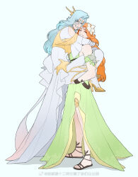  2girls ^_^ arms_around_neck bare_shoulders blue_background blue_hair brown_footwear carrying carrying_person chinese_commentary circlet closed_eyes clothing_cutout commentary_request detached_sleeves dress facing_viewer final_fantasy final_fantasy_xiv fins from_side full_body gloves green_dress grin hair_ornament head_fins high_heels highres leaf_hair_ornament llymlaen long_hair multiple_girls nophica orange_hair pantyhose sandals shoulder_cutout simple_background sitting_on_arm sleeveless sleeveless_dress smile standing toeless_footwear wavy_hair weibo_logo weibo_watermark white_dress white_gloves white_pantyhose wo_dou_gao_shi&#039;er_shennu wristband 