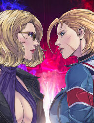  2girls ahoge black_choker blonde_hair blue_eyes blue_jacket breasts cammy_white choker cleavage crossover dress epic eyeshadow face-to-face facing_another highres jacket jhony_caballero large_breasts makeup multiple_girls nina_williams purple_dress scar short_hair stare_down street_fighter street_fighter_6 street_fighter_x_tekken sunglasses tekken tekken_8 tekken_x_street_fighter union_jack 
