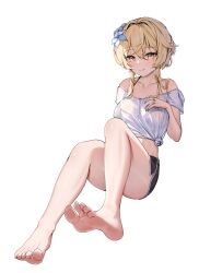 1girl :q absurdres bare_legs bare_shoulders barefoot black_shorts blonde_hair breasts commentary_request feet flower foot_focus foreshortening genshin_impact hair_between_eyes hair_flower hair_intakes hair_ornament highres large_breasts long_hair looking_at_viewer lumine_(genshin_impact) midriff off-shoulder_shirt off_shoulder radoremo shirt short_shorts short_sleeves shorts simple_background sitting smile soles solo thighs tied_shirt toes tongue tongue_out white_background white_flower white_shirt yellow_eyes rating:Sensitive score:21 user:danbooru