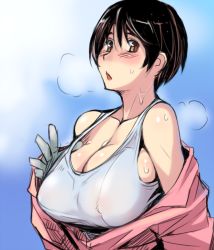 10s 1girl blush breasts brown_eyes brown_hair cleavage covered_erect_nipples gloves huge_breasts idolmaster idolmaster_cinderella_girls jumpsuit off_shoulder oikawa_shizuku open_clothes open_mouth pink_jumpsuit see-through short_hair sideboob sleeves_rolled_up solo strap_gap sweat sweat_stain tank_top taut_clothes tsuda_nanafushi wet wet_clothes rating:Questionable score:77 user:danbooru