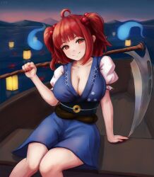  1girl blush boat breasts brown_sash cleavage dress hair_bobbles hair_ornament highres hitodama holding holding_scythe lantern large_breasts looking_at_viewer onozuka_komachi red_eyes red_hair sash scythe short_sleeves sitting skirt smile solo touhou two_side_up watercraft yyf_(seaknight)  rating:Sensitive score:11 user:danbooru