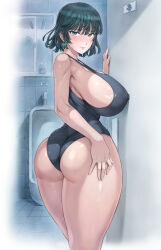 1girl ass black_hair blush breasts covered_erect_nipples curvy fubuki_(one-punch_man) green_eyes green_hair huge_ass huge_breasts looking_at_viewer looking_back mogudan one-piece_swimsuit one-punch_man short_hair sideboob smile solo standing swimsuit thick_thighs thighs wide_hips
