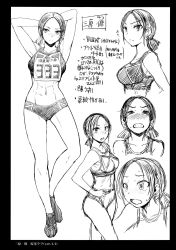  1girl abs armpits arms_behind_head breasts clenched_teeth facing_viewer freckles full_body greyscale highres kokuryuugan looking_at_viewer low_twintails medium_breasts midriff monochrome original parted_bangs shoes short_hair short_shorts short_twintails shorts simple_background sketch sneakers socks sportswear sweat tagme teeth track_and_field twintails white_background 