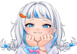  1girl :3 blue_eyes blue_hair blush braid character_hair_ornament close-up commentary ebi-chan_(gawr_gura) english_commentary fangs gawr_gura hair_ornament head_rest highres hololive hololive_english long_hair looking_at_viewer multicolored_hair scrunchie shrimp_hair_ornament simple_background solo streaked_hair superfann3 twin_braids virtual_youtuber white_background white_hair wrist_scrunchie 