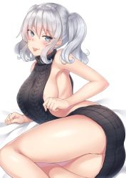 1girl :p aran_sweater areola_slip backless_dress backless_outfit bare_back bare_shoulders bed_sheet black_sweater blue_eyes blush breasts cable_knit closed_mouth dress hair_between_eyes halterneck kantai_collection kashima_(kancolle) large_breasts looking_at_viewer lying meme_attire naked_sweater naughty_face on_side revision ribbed_sweater sideboob silver_hair smile solo sweater sweater_dress thighs tongue tongue_out turtleneck turtleneck_sweater twintails usa_b virgin_killer_sweater wavy_hair white_background rating:Questionable score:24 user:danbooru
