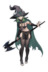 1girl absurdres bikini black_bikini black_choker black_shirt breasts choker cleavage cloak detached_sleeves fake_horns folded_hair freckles full_body garter_straps green_cloak green_eyes green_hair hat highres holding holding_staff horned_headwear horns key long_hair looking_at_viewer medium_breasts nail_polish navel noma_takafumi o-ring_strap official_art red_nails revealing_clothes shirt short_hair side_slit simple_background skirt solo staff standing swimsuit thighhighs third-party_source unicorn_overlord white_background witch_hat yahna_(unicorn_overlord)  rating:Sensitive score:15 user:danbooru
