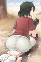 10s 2girls ass black_gloves black_hair blonde_hair breasts commentary_request gloves grey_eyes highres kaban_(kemono_friends) kemono_friends large_breasts multiple_girls open_mouth pantyhose serval_(kemono_friends) short_hair sitting sitting_on_face sitting_on_person smile socks terada_ochiko translation_request tree yuri rating:Questionable score:54 user:danbooru