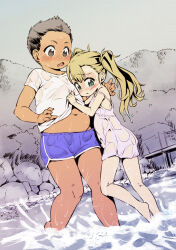  1boy 1girl barefoot belly black_hair blonde_hair blue_shorts blush child_on_child commentary_request commission dark_skin dress green_eyes hetero highres loli melly_okazaki_(takahashi_note) monochrome navel off_shoulder open_mouth original outdoors pink_dress pixiv_commission river see-through see-through_shirt shirt short_hair shorts shota solo_focus takahashi_note thouma_ohwosaki_(takahashi_note) water wet wet_clothes white_shirt  rating:Questionable score:64 user:danbooru