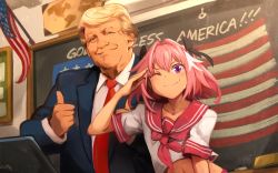  2boys absurdres american_flag astolfo_(fate) astolfo_(sailor_paladin)_(fate) black_bow blonde_hair blouse blue_shirt blue_suit bow collarbone commentary commission donald_trump double_thumbs_up english_commentary fate/apocrypha fate/grand_order fate_(series) formal hair_between_eyes hair_bow hair_intakes highres khyle. long_sleeves looking_at_viewer mature_male medium_hair multiple_boys neckerchief necktie pink_neckerchief pole purple_eyes real_life red_necktie salute school_uniform serafuku shirt short_sleeves sidelocks star_(symbol) suit thumbs_up trap white_shirt  rating:General score:203 user:danbooru