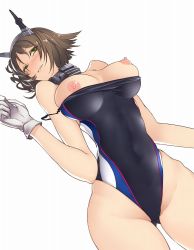 10s 1girl alternate_costume bare_legs bare_shoulders blush breasts breasts_out brown_hair collar commentary_request competition_swimsuit eyebrows ginga_ryuusei gingami_(giluziru) gloves green_eyes headgear impossible_clothes impossible_swimsuit kantai_collection large_breasts looking_at_viewer lying mutsu_(kancolle) navel nipples on_back one-piece_swimsuit shiny_clothes shiny_skin short_hair simple_background smile solo swimsuit thighs white_background white_gloves rating:Questionable score:47 user:danbooru