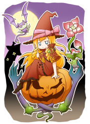  1girl arm_behind_head arm_up black_footwear blonde_hair blue_eyes boots bow brown_capelet brown_dress brown_hat building capelet closed_mouth commentary_request doctor_magus doctor_magus_4 dress etrian_odyssey flower frilled_dress frills full_moon halloween hat hat_bow jack-o&#039;-lantern knees_up long_hair looking_at_viewer moon naga_u outline pink_bow pink_flower sitting smile solo very_long_hair white_outline window witch_hat 