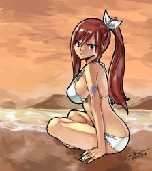 1girl bare_shoulders beach bikini breasts brown_eyes erza_scarlet fairy_tail indian_style large_breasts long_hair looking_at_viewer mashima_hiro mountain official_art ponytail red_hair sidelocks signature sitting smile solo swimsuit tattoo water white_bikini rating:Sensitive score:46 user:danbooru