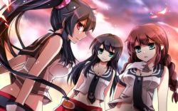  10s 3girls agano_(kancolle) anchor_symbol bad_id bad_pixiv_id bare_shoulders black_hair breasts brown_hair gloves green_eyes hand_on_own_chest kantai_collection large_breasts long_hair multiple_girls noshiro_(kancolle) ponytail red_eyes sakura_(lilak_a) skirt sleeveless smile white_gloves yahagi_(kancolle) 