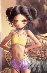  1girl black_hair bracelet child closed_mouth crop_top double_bun female_focus flat_chest hair_bun hands_on_own_hips highres jewelry looking_at_viewer navel original parted_hair robomb short_shorts shorts solo  rating:Questionable score:32 user:Dweenie