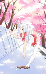  1girl absurdres artist_request blue_eyes flexible highres panties sailor_collar school_uniform solo source_request split standing standing_on_one_leg standing_split tabi thighhighs tomotake_yoshino twintails underwear white_hair white_panties white_thighhighs  rating:Sensitive score:8 user:Guyutongxue