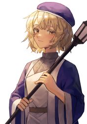  1girl absurdres belt beret blonde_hair blue_beret blue_hat blue_jacket collared_shirt colored_eyelashes dungeon_meshi falin_touden falin_touden_(tallman) hat highres holding holding_lantern jacket lantern looking_at_viewer open_clothes open_jacket shirt short_hair simple_background smile solo upper_body white_background white_shirt wide_sleeves xhcohiyc yellow_eyes 