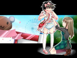  1boy 1girl age_difference blush chijoku_an clothes_lift crossdressing crying diaper ferris_wheel highres mary_janes peeing shoes shota skirt skirt_lift source_request tears thighhighs trap  rating:Explicit score:63 user:huzzaman