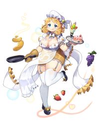 1girl :q apron artist_request bell black_footwear blonde_eyebrows blonde_hair blue_eyes blueberry blush bow bowtie breasts brittany_(final_gear) buttoned_cuffs buttons cake chocolate_syrup cleavage cleavage_cutout closed_mouth clothing_cutout collar cup dress final_gear floating floating_food floating_object food food_on_body food_on_breasts food_on_face fruit frying_pan full_body garter_straps gloves grapes hat heart heart_print highres holding holding_frying_pan holding_plate ice_cream icing jingle_bell lace_trim large_breasts leg_up looking_at_viewer mob_cap official_art oven_mitts pancake plate plump pocky short_hair short_sleeves simple_background single_glove smile solo standing standing_on_one_leg steam strawberry strawberry_cake tachi-e thick_thighs thighhighs thighs third-party_source tongue tongue_out transparent_background twisted_hair two-tone_wrist_cuffs white_apron white_bow white_bowtie white_collar white_garter_straps white_hat white_sleeves white_thighhighs white_wrist_cuffs wrist_cuffs yellow_dress yellow_gloves