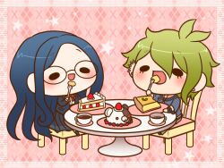  1boy 1girl amami_rantaro animal-themed_food ankle_socks antenna_hair argyle argyle_background arm_on_table black_bracelet black_eyes black_footwear black_jacket black_skirt black_socks blazer blue_hair blue_shirt border bow bowtie brooch brown_footwear brown_pants buttons cake cake_slice cheesecake chibi coffee collared_jacket commentary_request cup danganronpa_(series) danganronpa_v3:_killing_harmony ear_piercing earrings eating eyelashes food fork glasses green_hair hair_between_eyes holding holding_fork jacket jewelry lapels layered_sleeves light_blush long_hair long_skirt long_sleeves monokuma multiple_bracelets multiple_piercings notched_lapels on_chair open_clothes open_jacket open_mouth orange_bow orange_bowtie pale_skin pants pendant piercing pink_background plate pleated_skirt round_eyewear shirogane_tsumugi shirt shoes short_hair simple_background sitting skirt skirt_set sleeves_past_elbows smile socks solid_oval_eyes star_(symbol) strawberry_shortcake striped_clothes striped_shirt stud_earrings table teacup very_long_hair white_border white_shirt white_undershirt yumaru_(marumarumaru) 