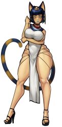  1girl alternate_breast_size alternate_height animal_crossing animal_ears ankha_(animal_crossing) arm_under_breasts bags_under_eyes black_footwear blue_hair blue_lips blue_nails blush breasts cat_ears cat_girl cat_tail colored_skin covered_erect_nipples cursed_equinox dress eyebrows eyelashes eyeliner female_focus full_body gluteal_fold grin half-closed_eyes hand_on_own_arm hand_up high_heels large_breasts lipstick looking_at_viewer makeup medium_hair nail_polish naughty_face nintendo sideboob sideless_dress sideless_outfit simple_background smile solo standing tail tall_female teeth thighs toenail_polish toenails usekh_collar white_background white_dress wide_hips yellow_eyes yellow_skin 