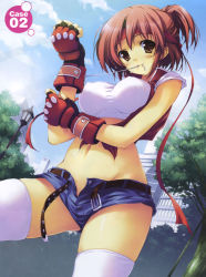 1girl bandaid bandaid_on_face belt breasts brown_eyes buckle building covered_erect_nipples cowboy_shot day denim denim_shorts fingerless_gloves gloves headband highres lamppost large_breasts looking_at_viewer midriff mouth_hold navel open_fly scan short_shorts shorts sky smile solo thighhighs tomose_shunsaku tree unzipped white_thighhighs zipper rating:Questionable score:15 user:danbooru